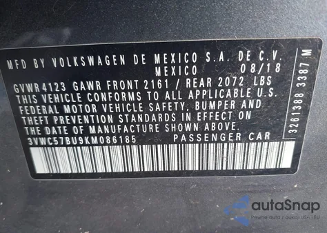 2019 Volkswagen Jetta 1.4T R-Line/1.4T S/1.4T Se from USA, damaged, VIN 3VWC57BU9KM086185